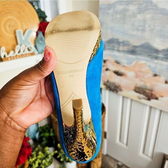 Enzo Angiolino Aqua Blue Suede Leather Sexy Peep Toe Pumps. - Picture 8 of 15